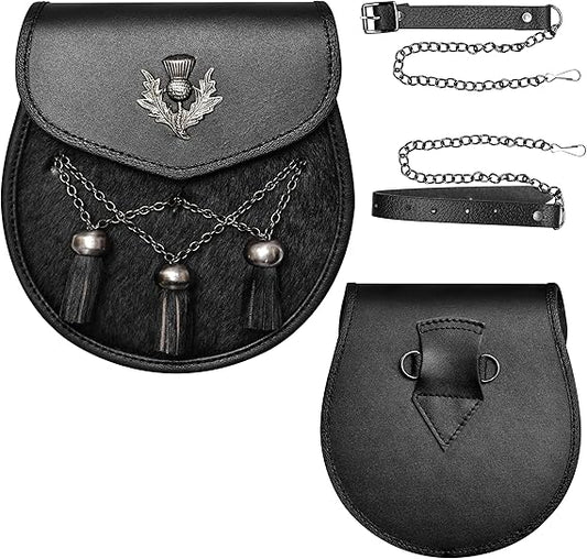 Deluxe Leather Sporran Black with Thistle Antique