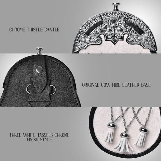 Formal White Bovine Cross Chain Sporran with Thistle Chrome Cantle