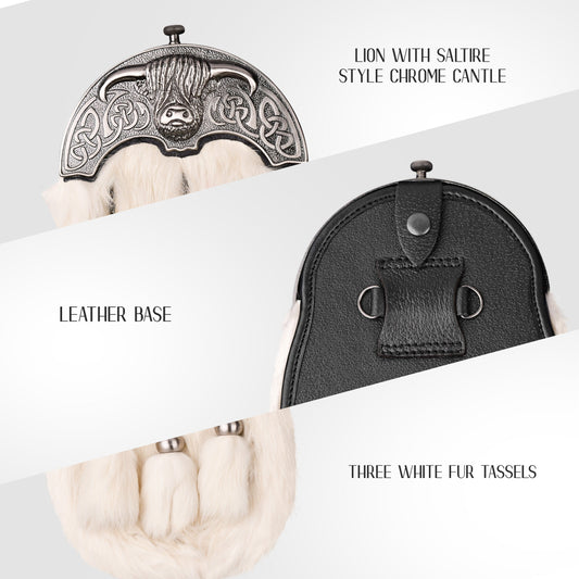 White Rabbit Fur Sporran with Highland Cow Antique Finish Cantle