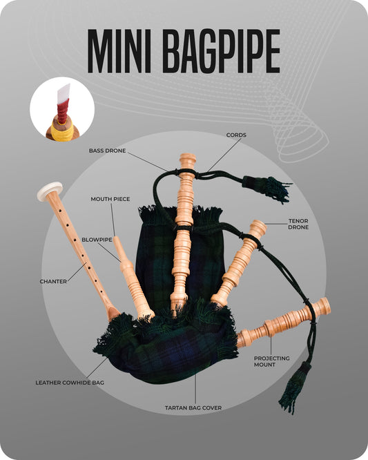 Mini Miniature Bagpipe - Rosewood Bagpipe for Beginners, Playable Gift | Black Watch