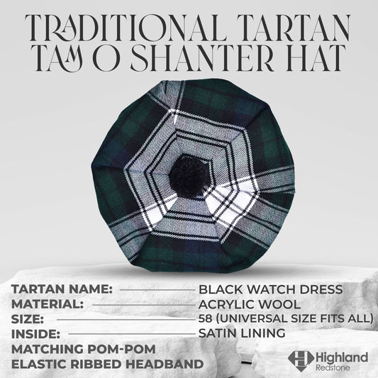 Tam O'Shanter Hat with Pompom in Black Watch Dress Tartan