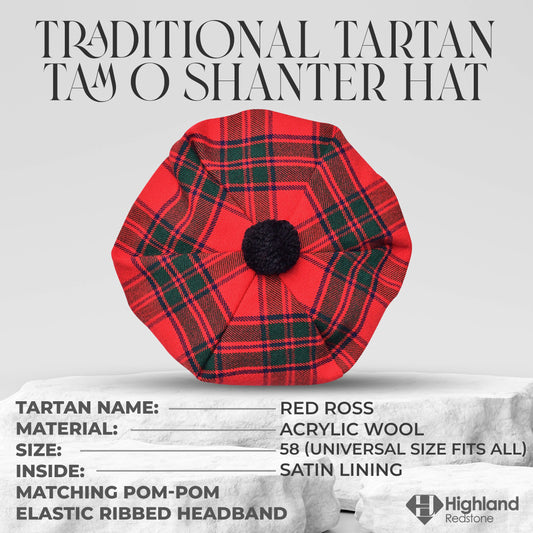 Tam O'Shanter Hat with Pompom in Red Ross Tartan
