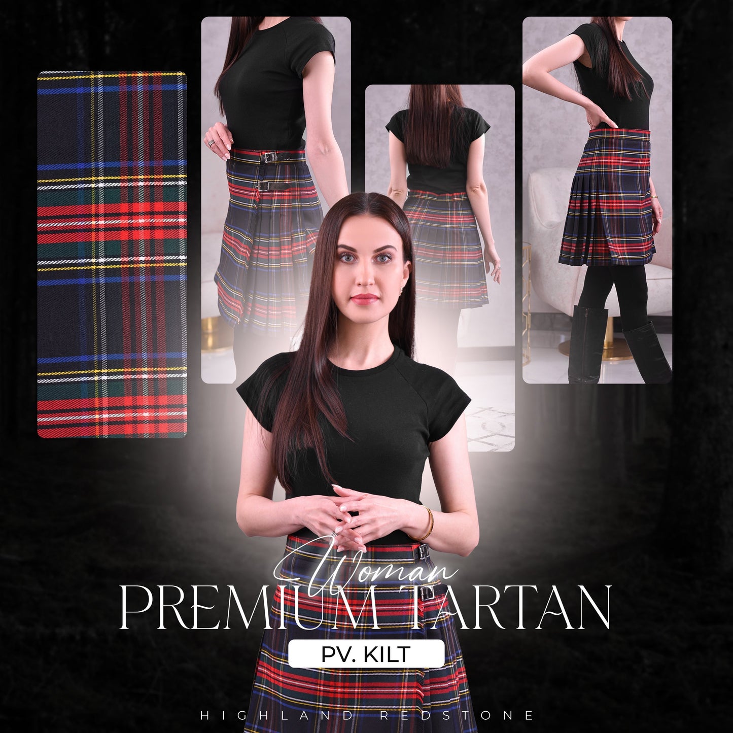 Woman Plaid Kilt - Black Stewart Tartan Kilt - Premium Quality & Timeless Style | Big & Tall