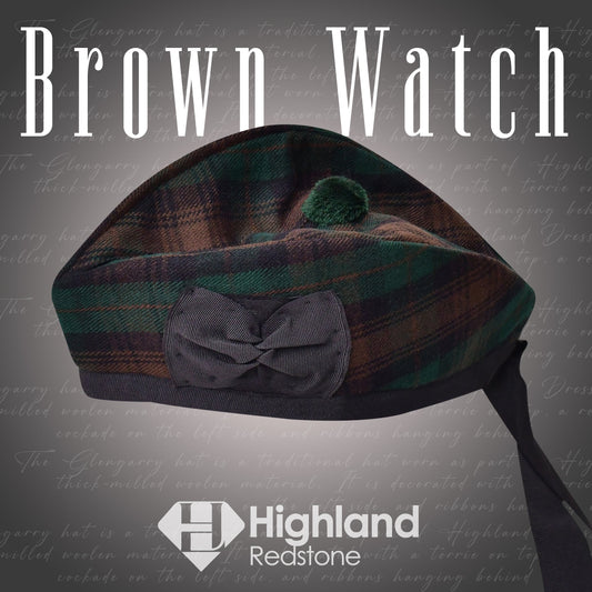 Brown watch and Glengarry hat set on display. Perfect accessories to elevate your Scottish style.