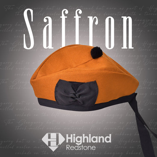 Saffron Glengarry hat with traditional ribbons and vibrant saffron color