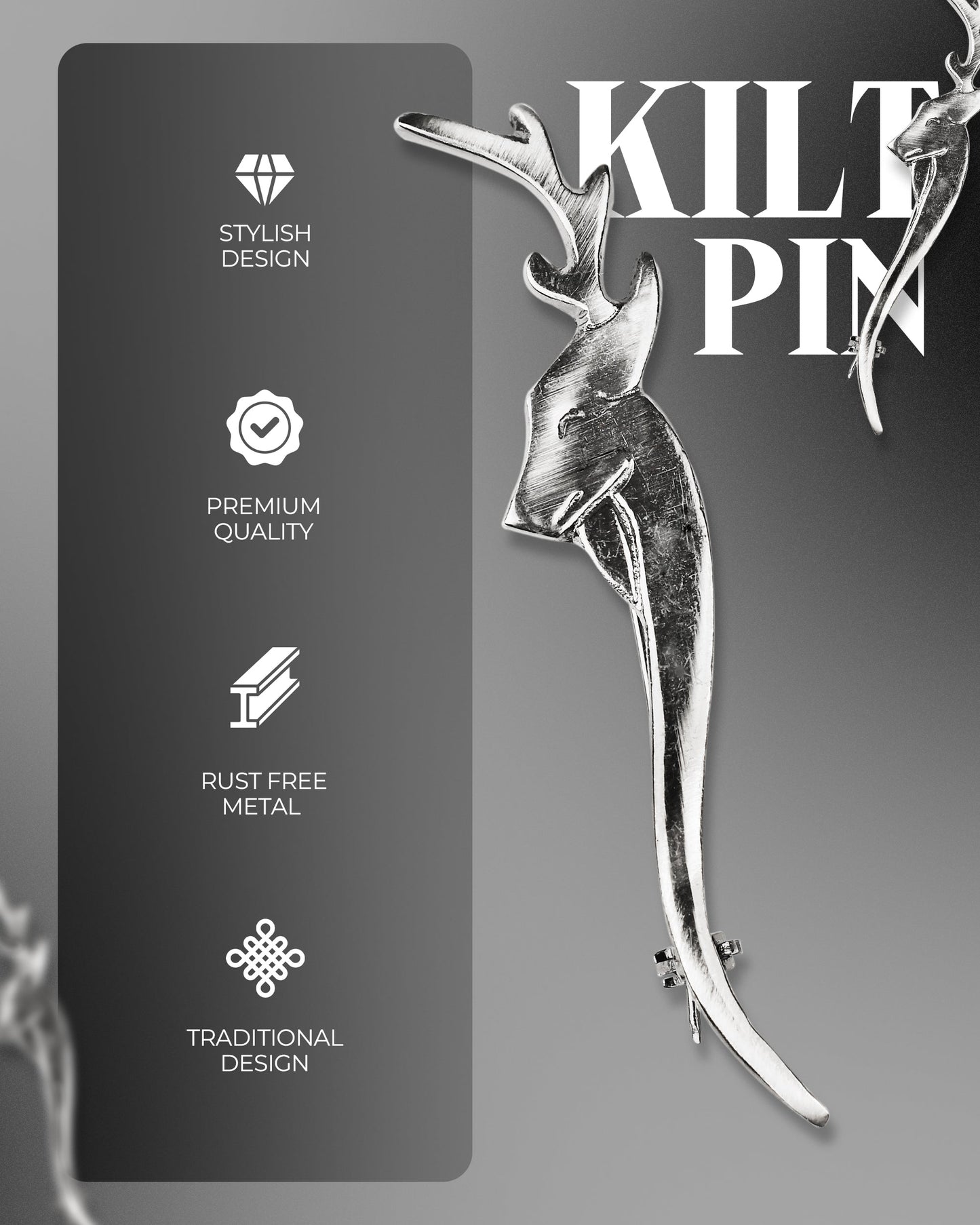 Scottish Kilt Pin for men | Stag Head Pewter Chrome