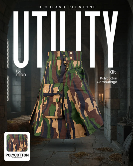 Camouflage Utility Kilt For Men - Rugged Ripstop Cotton tactical men kilt with brass hardware