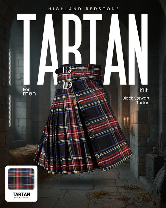 Kilt for Men I Black Stewart Tartan Kilt Polyviscose 8 Yard Traditional Men Kilt | Big & Tall
