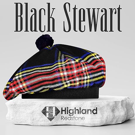 Tam O'Shanter Hat with Pompom | Black Stewart Tartan
