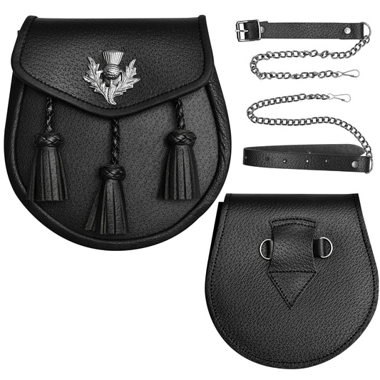 Semi Dress Leather Sporran w/ Thistle Badge I Black Plain