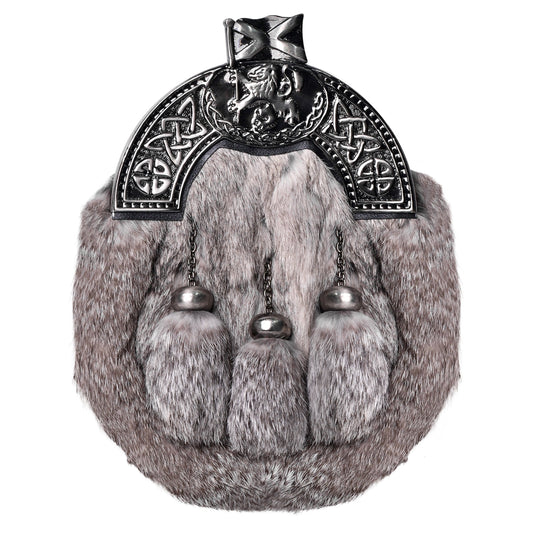 Grey Rabbit Fur Sporran Antique Cantle featuring genuine rabbit fur and an antique cantle design, perfect for formal Scottish dress.