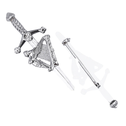 Chrome Irish Harp kilt pin with elegant design