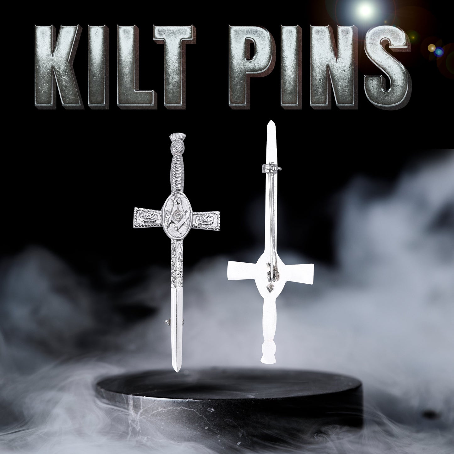 Chrome Masonic Thistle kilt pin with intricate design