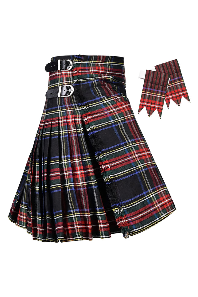 Kilt for Men I Black Stewart Tartan Kilt Polyviscose 8 Yard Traditional Men Kilt