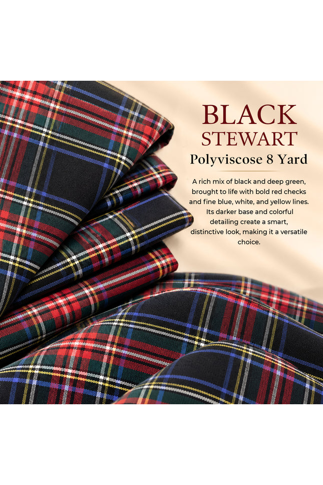 Kilt for Men I Black Stewart Tartan Kilt Polyviscose 8 Yard Traditional Men Kilt