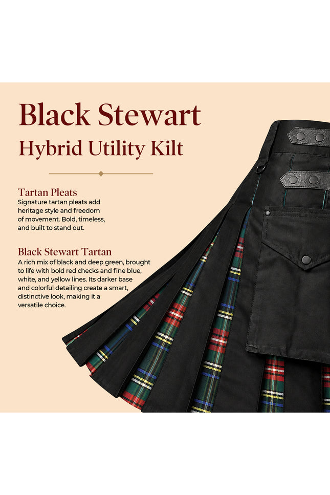 Black Stewart Hybrid Utility Kilt for Men  - Traditional Style with Modern Functionality | Big & Tall