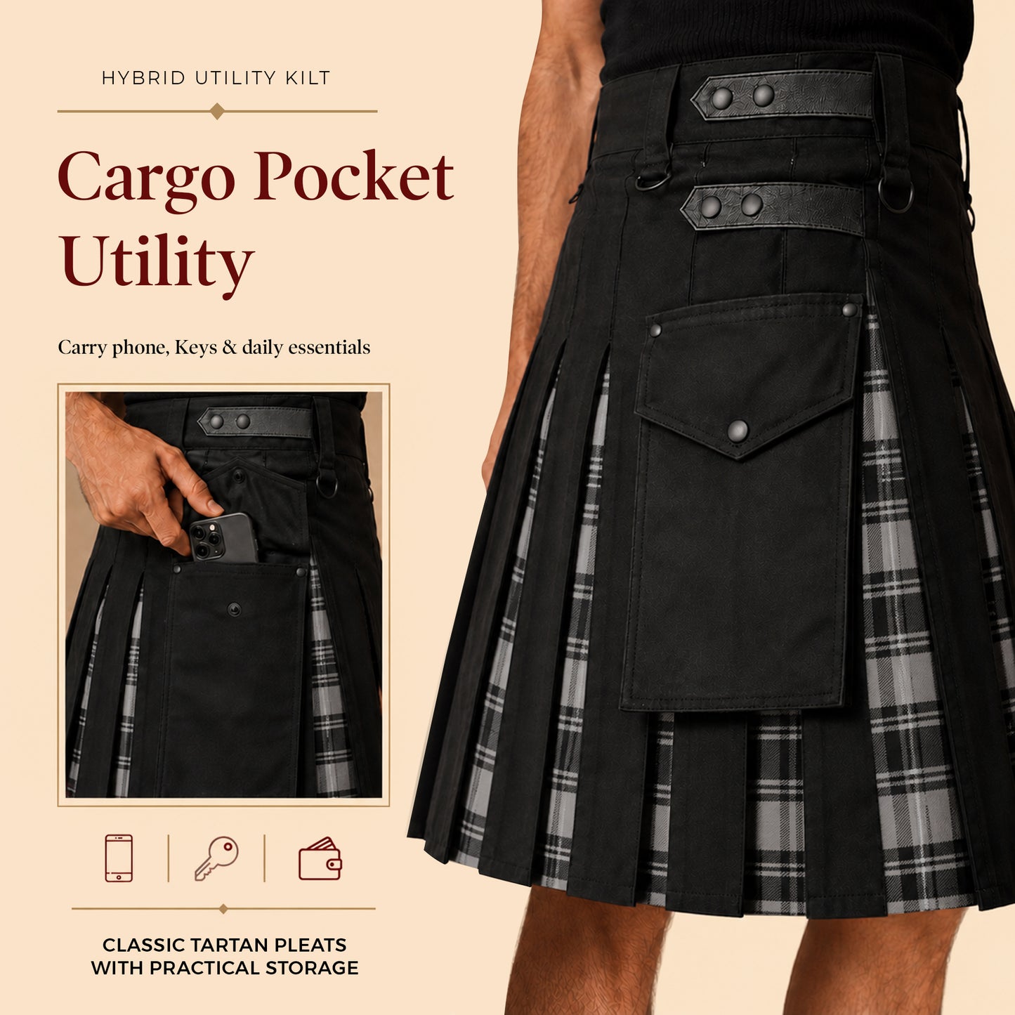 Grey Douglas Hybrid Utility Kilt for Men  - Traditional Style with Modern Functionality