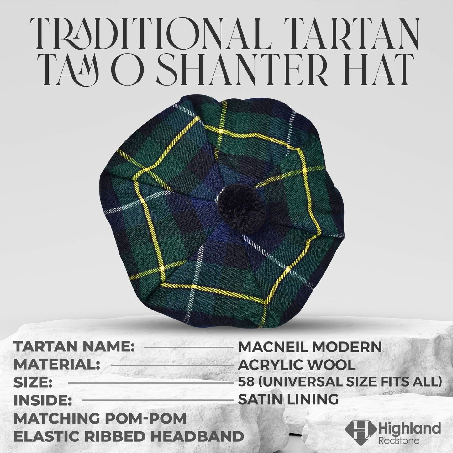 Tam O'Shanter Hat with Pompom | Macneil Modern Tartan