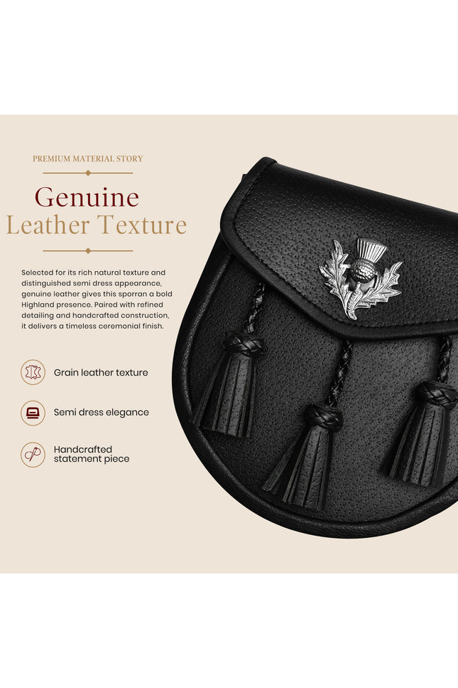 Semi Dress Leather Sporran w/ Thistle Badge I Black Plain