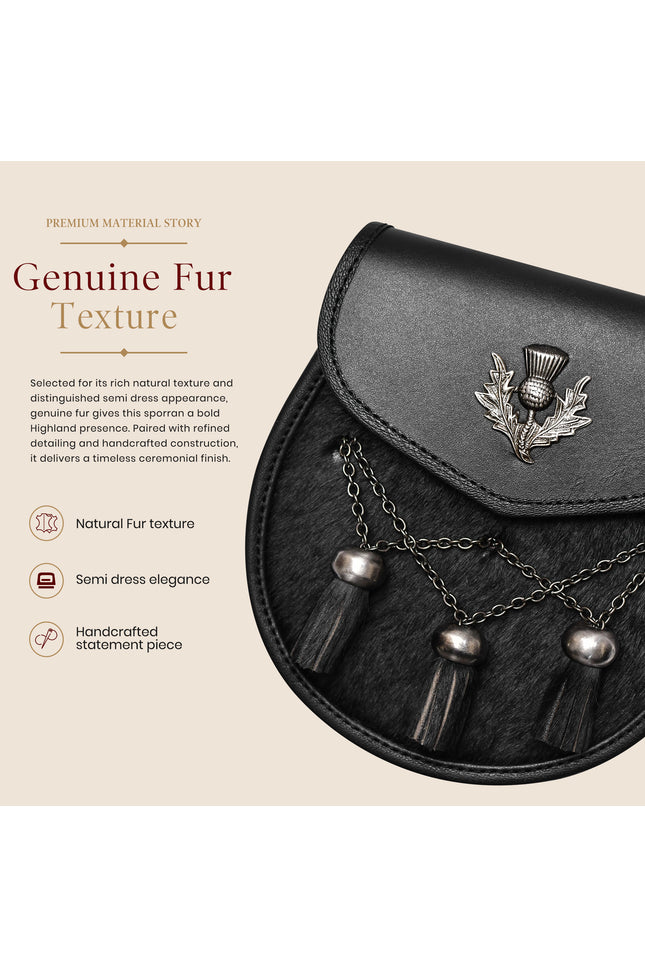 Deluxe Leather Sporran Black with Thistle Antique