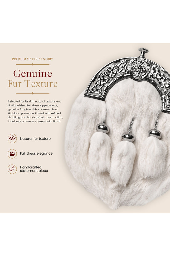 Formal White Rabbit Fur Sporran with Cross Chrome Cantle