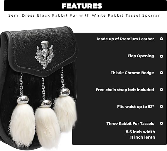 Semi-Dress Rabbit Fur Sporran with Thistle Chrome Badge