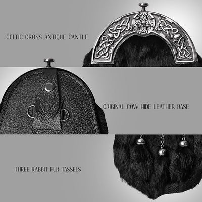 Formal Black Rabbit Fur Sporran with Black Cross Antique Cantle