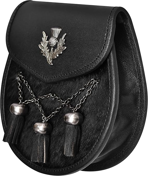 Deluxe Leather Sporran Black with Thistle Antique