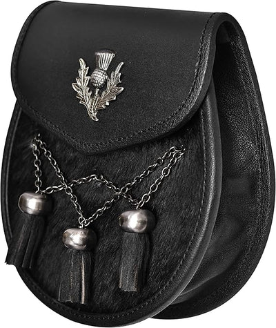 Deluxe Leather Sporran Black with Thistle Antique