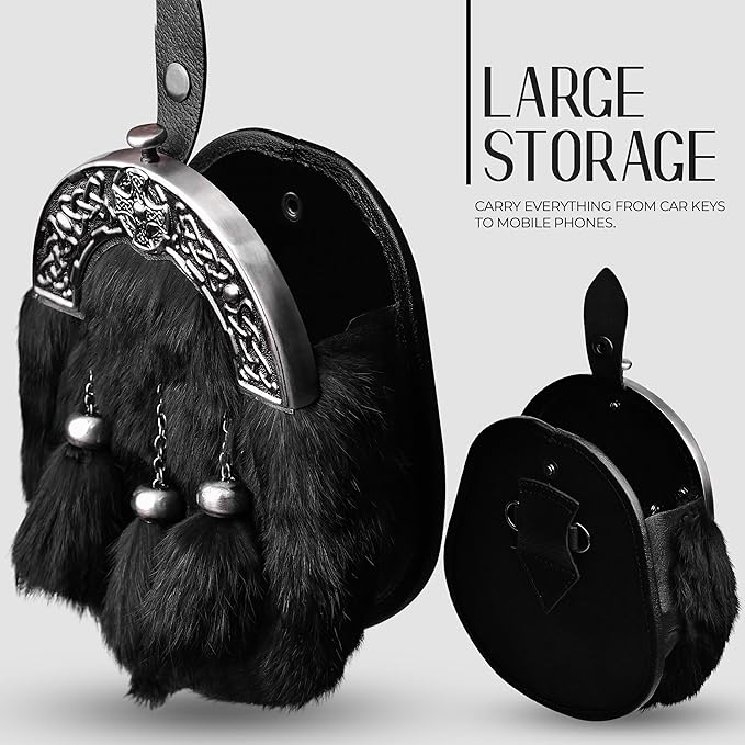 Formal Black Rabbit Fur Sporran with Black Cross Antique Cantle