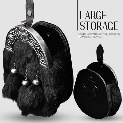 Formal Black Rabbit Fur Sporran with Black Cross Antique Cantle