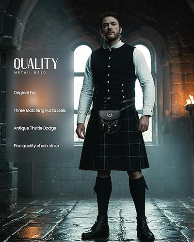 Semi Dress Leather Sporran w/ Thistle Badge I Black Plain