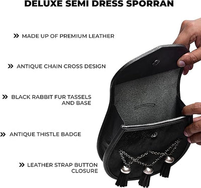 Deluxe Leather Sporran Black with Thistle Antique