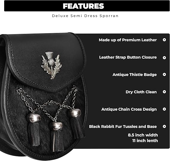 Deluxe Leather Sporran Black with Thistle Antique