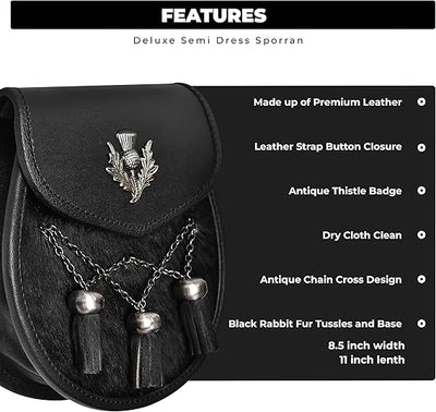 Semi Dress Leather Sporran w/ Thistle Badge I Black Plain