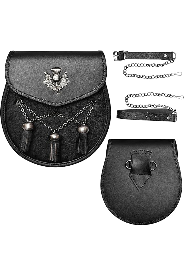 Deluxe Leather Sporran Black with Thistle Antique