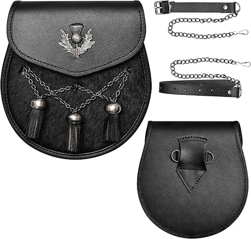 Deluxe Leather Sporran Black with Thistle Antique