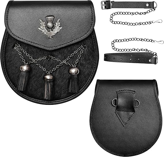 Deluxe Leather Sporran Black with Thistle Antique