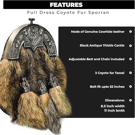 Coyote Fur Sporran with Thistle Antique Cantle