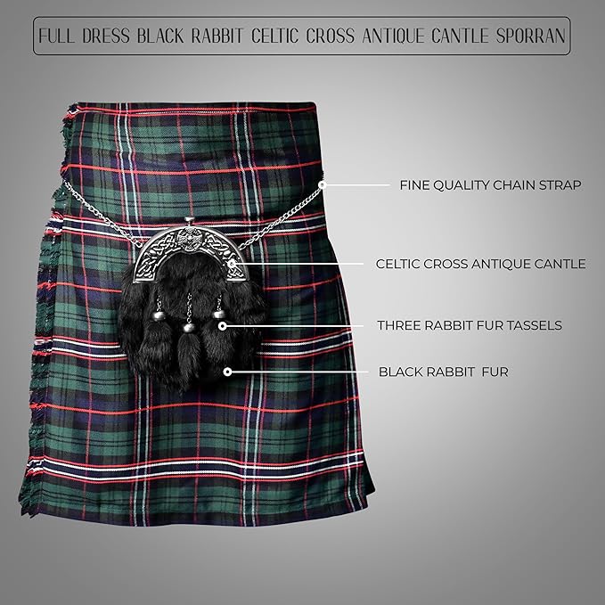Formal Black Rabbit Fur Sporran with Black Cross Antique Cantle