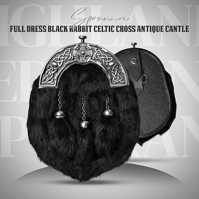 Formal Black Rabbit Fur Sporran with Black Cross Antique Cantle