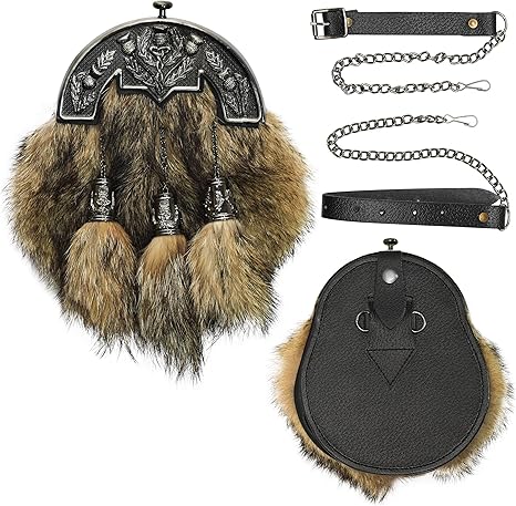 Coyote Fur Sporran with Thistle Antique Cantle