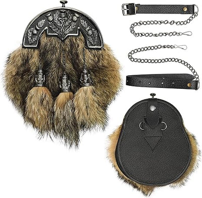 Coyote Fur Sporran with Thistle Antique Cantle