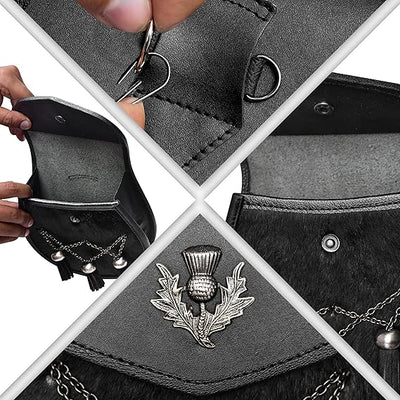 Deluxe Leather Sporran Black with Thistle Antique