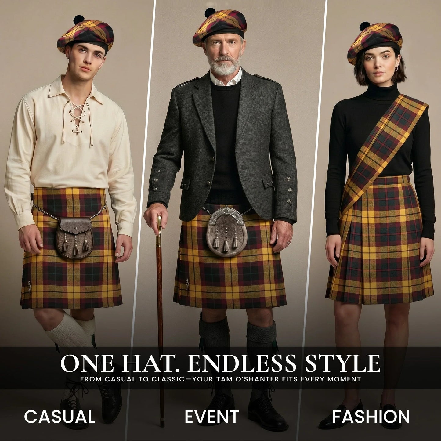 Tam O'Shanter Hat with Pompom | Black MacMillan Tartan