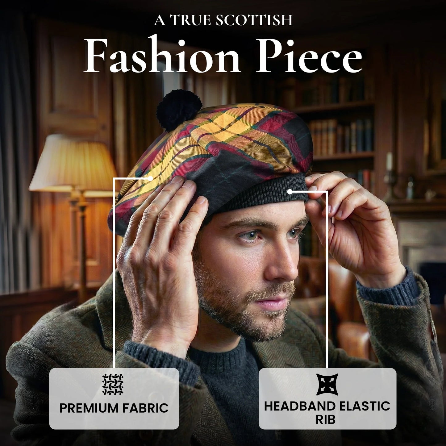 Tam O'Shanter Hat with Pompom | Black MacMillan Tartan