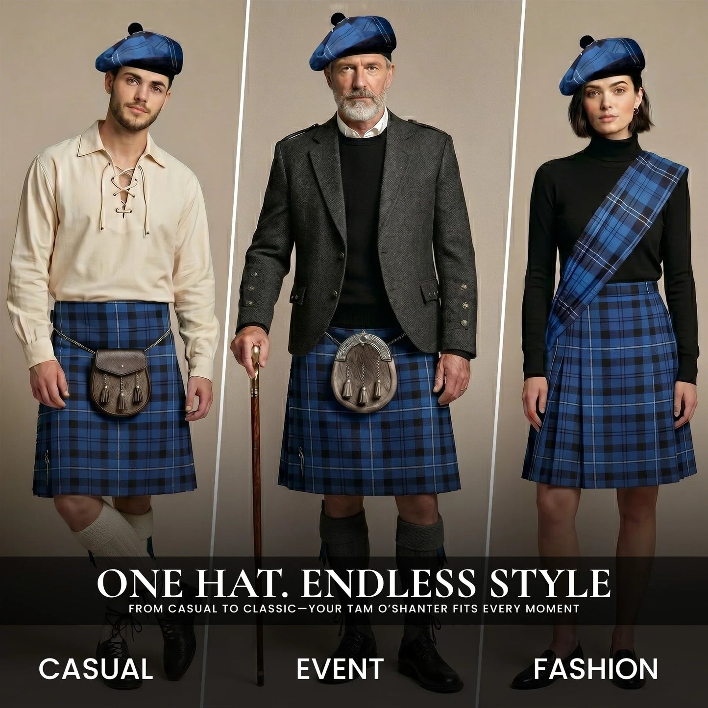 Tam O'Shanter Hat with Pompom | Blue Ramsay Tartan