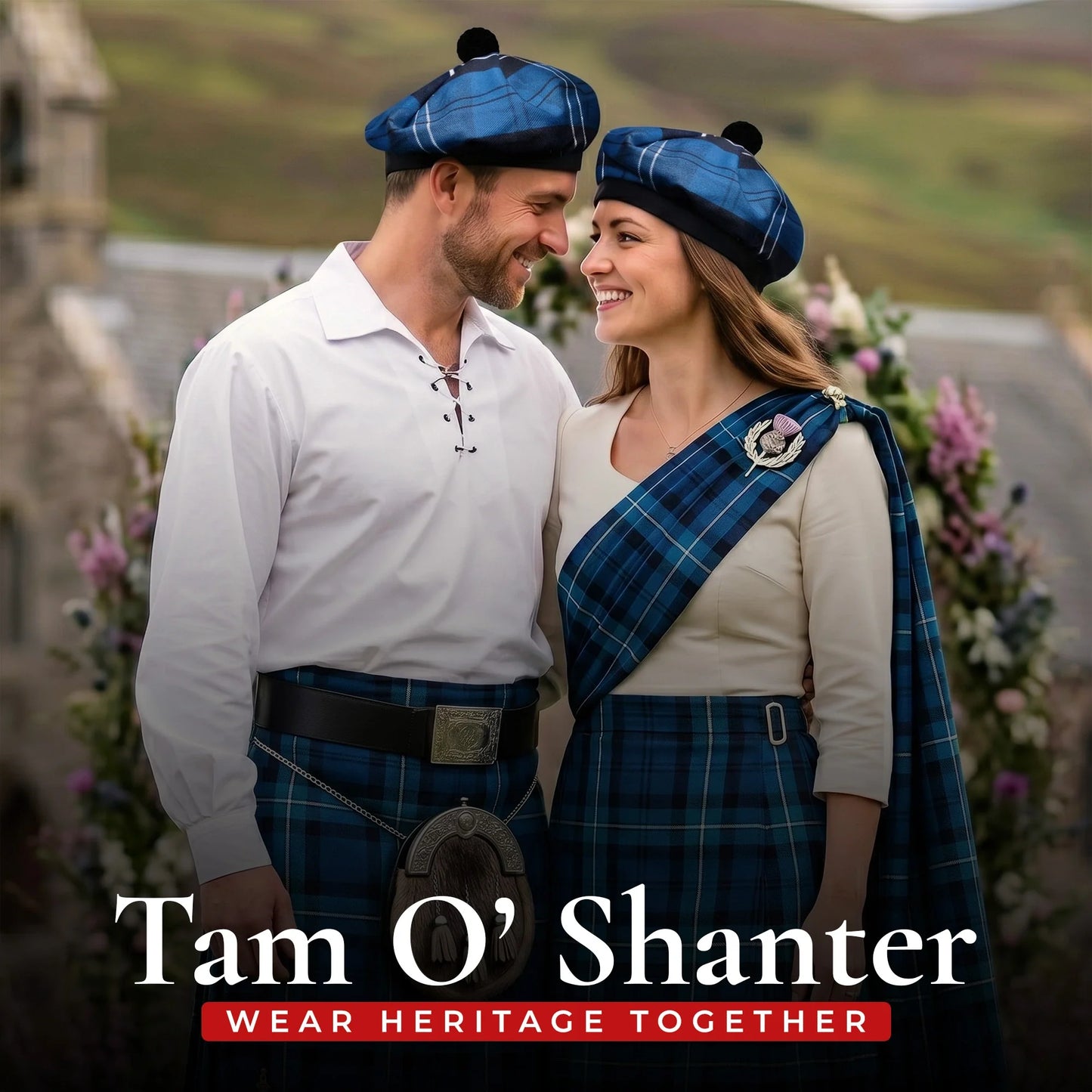 Tam O'Shanter Hat with Pompom | Blue Ramsay Tartan