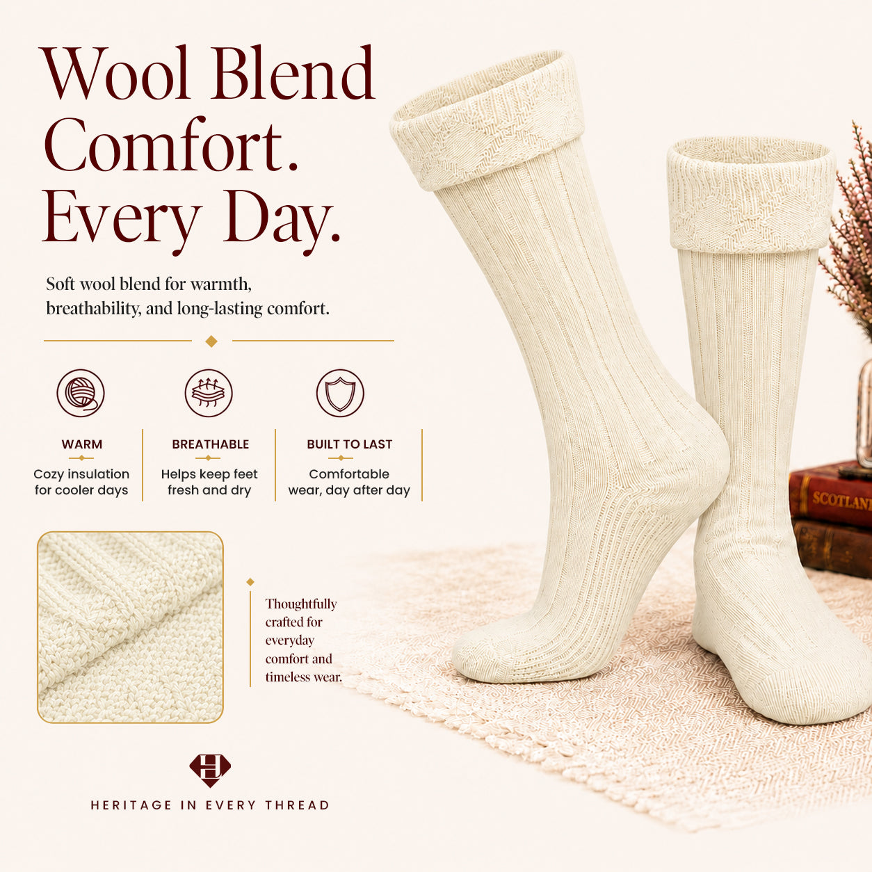 Comfortable Wool Blend Cream Kilt Hose | High-Quality Kilt Socks