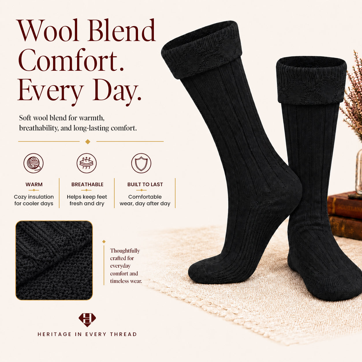 Comfortable Wool Blend Black Kilt Hose | High-Quality Kilt Socks
